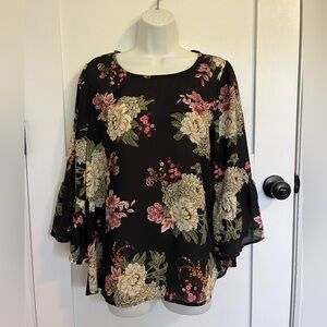 AUW three quarter bell sleeve black floral blouse